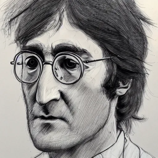 Prompt: a realistic yet scraggly portrait sketch of the side profile of a stern and sophisticated young john lennon, trending on artstation, intricate details, in the style of frank auerbach, in the style of sergio aragones, in the style of martin ansin, in the style of david aja, in the style of mattias adolfsson