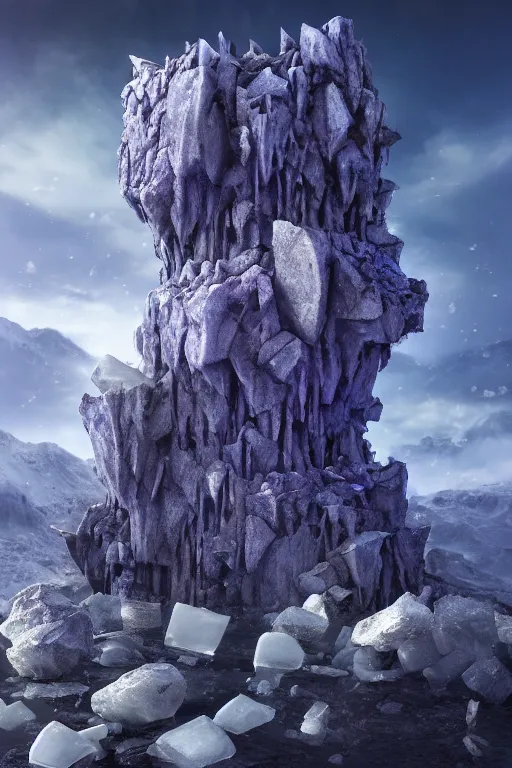 Prompt: elaborate surreal tower of stone and ice extending down from the skies, concept art, blue and purple coloring, 4k