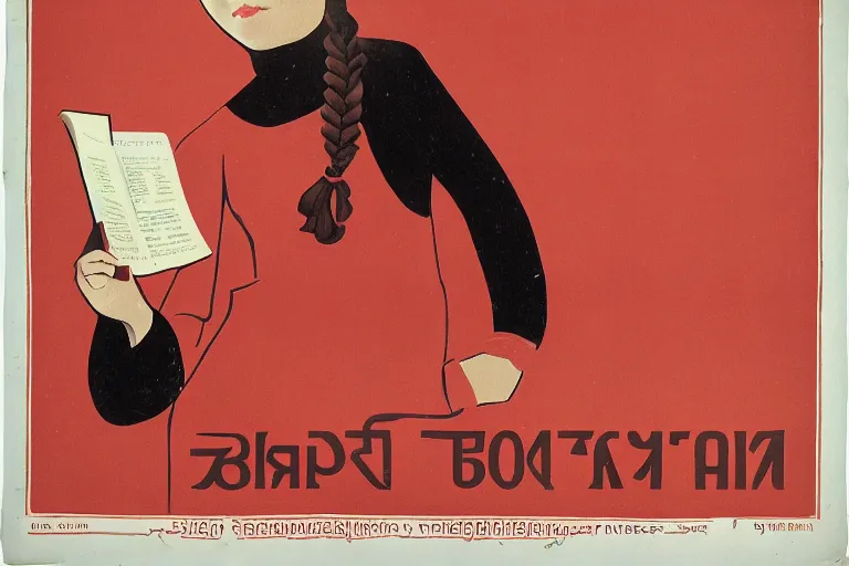 Prompt: the portrait of a russian young girl holding the communist manifesto in her hand, vintage russian poster style - h 1 0 2 4