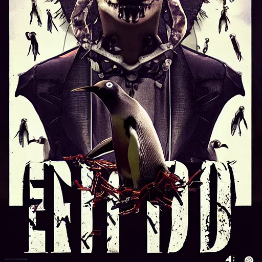 Image similar to end of days skeleton overlords enslaves penguin-human hybrids, epic movie poster, 4k, detailed