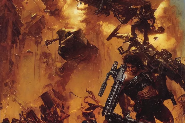 Prompt: portrait of javier bardem as the punisher blasting a hell baron with a shotgun, john berkey, lawrence alma tadema, rick berry, norman rockwell, doom, arstation, greg rutkowski