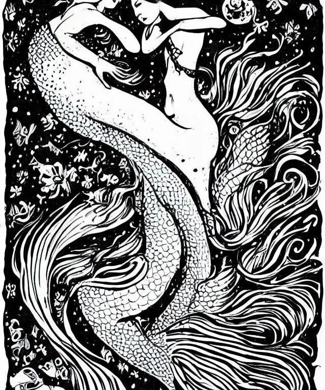 Image similar to black and white illustration, beautiful mermaid