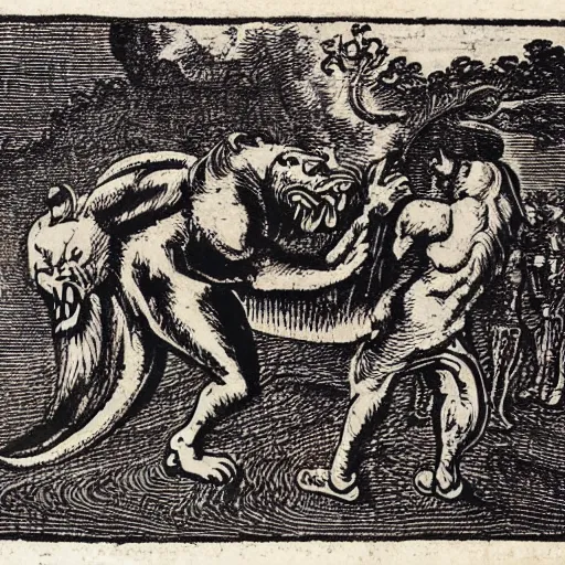 Prompt: the beast of the back, 17th century woodcut