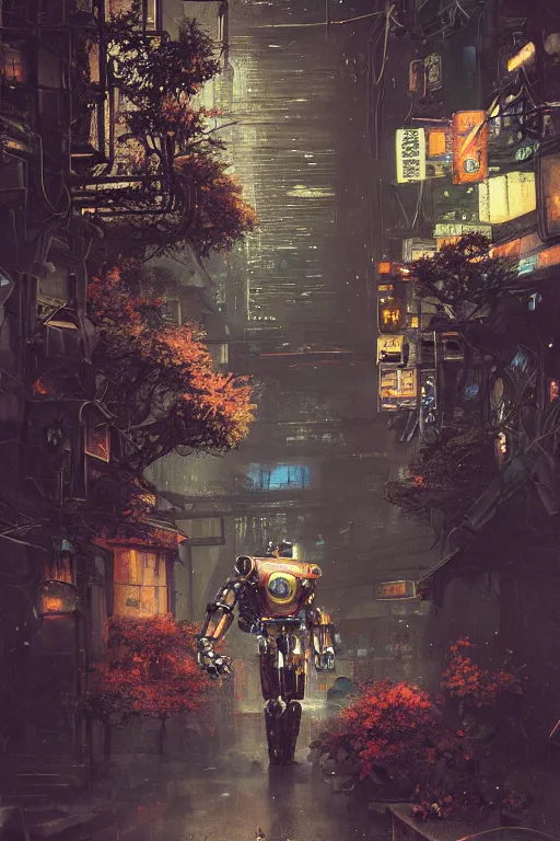 Image similar to vintage autochrome photo of ancient overgrown cyberpunk tokyo with robot by craig mullins, rutkowski, hiroshi yoshida, night, rain, flowers, beautifully lit, hyperdetailed, unreal engine, 3 d rendered, photorealistic, artstation, cgsociety