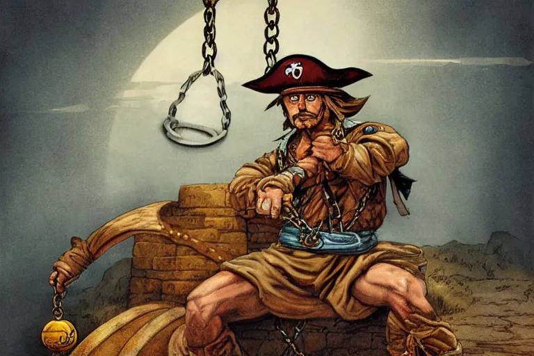 Prompt: aesthetic digital illustration of a pirate wearing a ball and chain by miyamoto and alex horley - orandelli, sitting in a prison, centered, deviantart