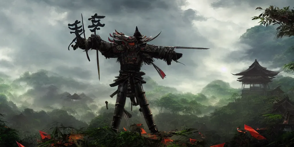 Prompt: a gigantic standing haunted samurai guardian dominates a huge hidden bamboo village in the jungle, evening, ominous sky, flags, matte painting, craig mullins