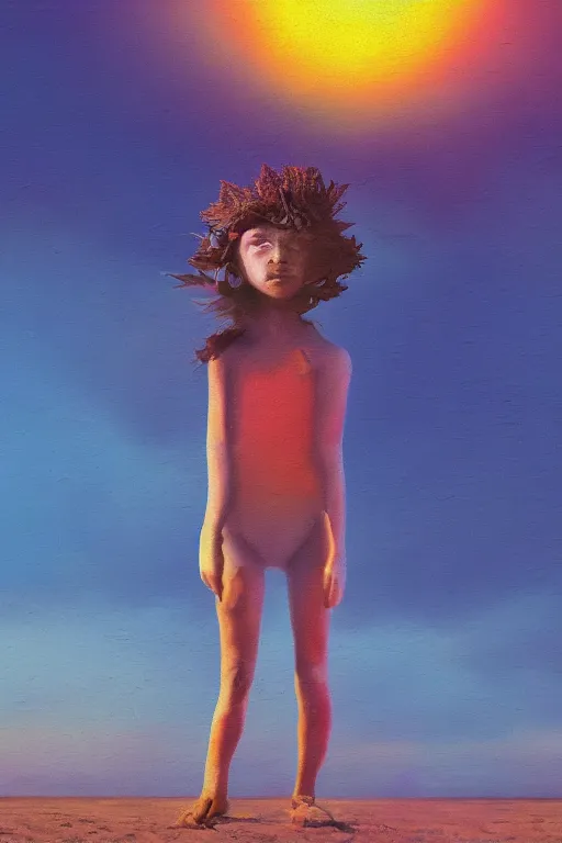 Image similar to closeup giant dahlia flower head, girl standing on beach, surreal photography, blue sky, sunrise, dramatic light, impressionist painting, digital painting, artstation, simon stalenhag