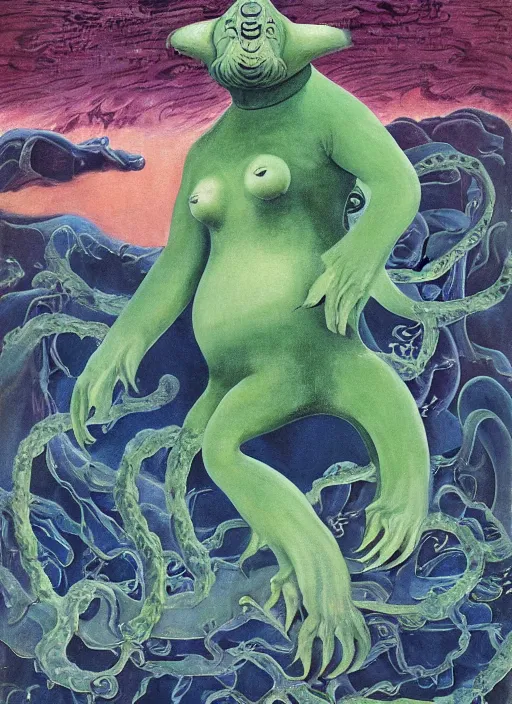 Prompt: a giant tardigrade kaiju retro japanese monster slimy, oil painting, 7 0 s vintage art, by georgia o keeffe, by kay nielsen, by gustave dore, by frank frazetta, nausicaa