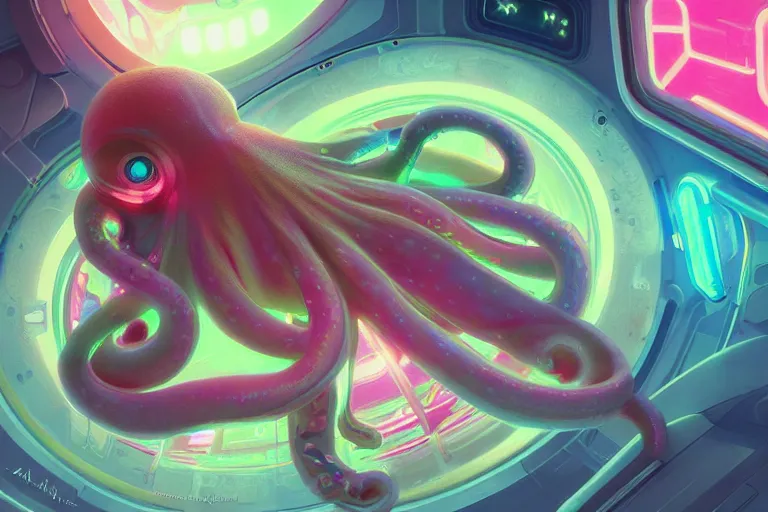 Prompt: adorable neon coloured baby octopus in a space station, elegant, intricate, retrofuturistic digital painting, artstation, concept art, smooth, sharp focus, illustration, art by artgerm and greg rutkowski and alphonse mucha