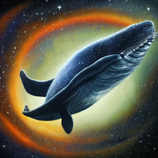 Prompt: portrait of space whale on a dark night sky in space, flying across the universe, oniric, dreamy, beautiful, highly detailed, realistic, cinematic, dynamic composition, art by christian riese lassen