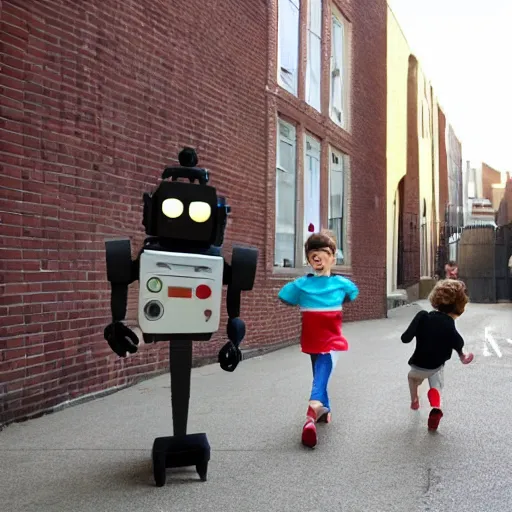 Image similar to in the style of 1960s, A scary robot is chasing after a couple of kids down the ally