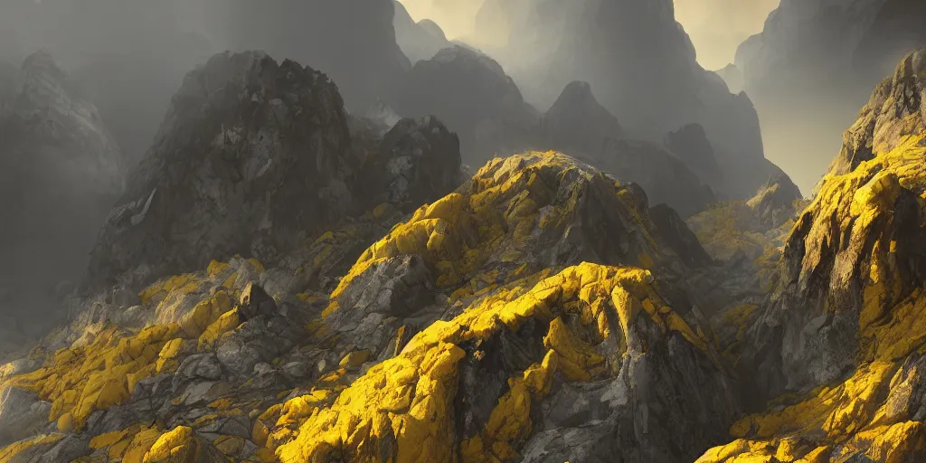 Prompt: a mountainous landscape full of active vulcanoes and a yellow fog and with a yellow cloudy sky, hyperrealistic, concept art, octane render, unreal engine 5, trending on deviantart, venus surface, path traced, no life, dramatic lighting, low contrast, trending on artstation, high quality, highly detailed, 8 k, cinematic, high coherence