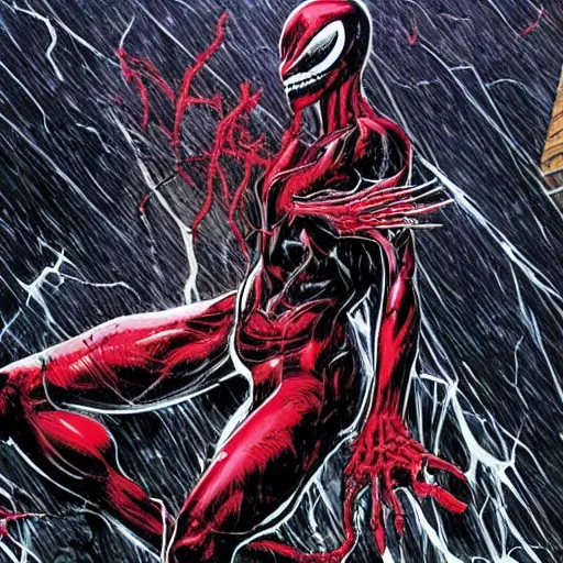 Prompt: carnage symbiote destroying the city of new york on a dark and stormy day