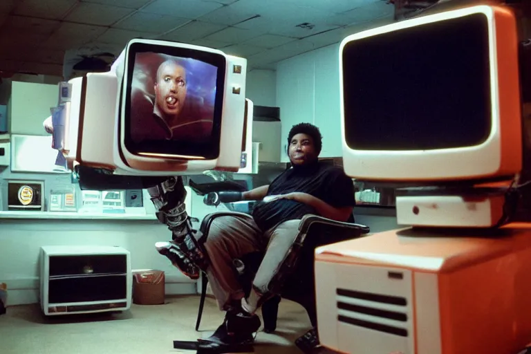 Prompt: large man with a robot arm sitting in a gamer chair, from 1999, bathed in the glow of a crt television, crt screens in background, low-light photograph, in style of Tyler Mitchell