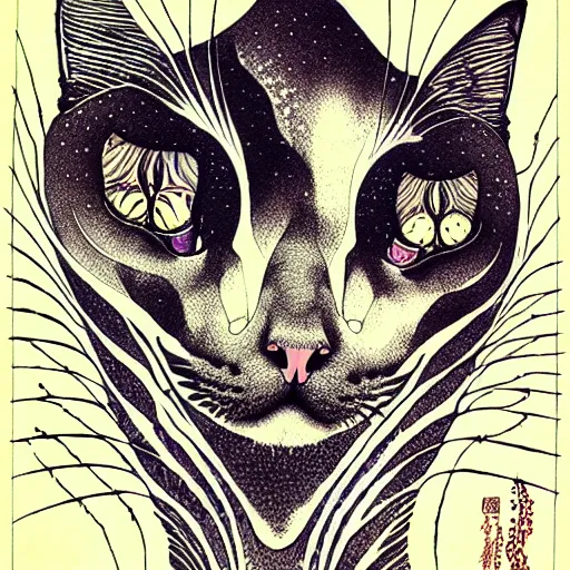 Image similar to cat as a fractal distortion, lithograph, watercolors, ink, M.C. Escher, moebius