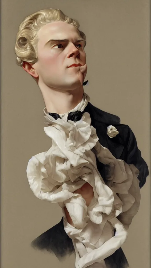 Image similar to Painting of lucius as a German tailor, long blond drill curls, delicate androgynous prince, pale milky white porcelain skin, by Leyendecker and Norman Rockwell