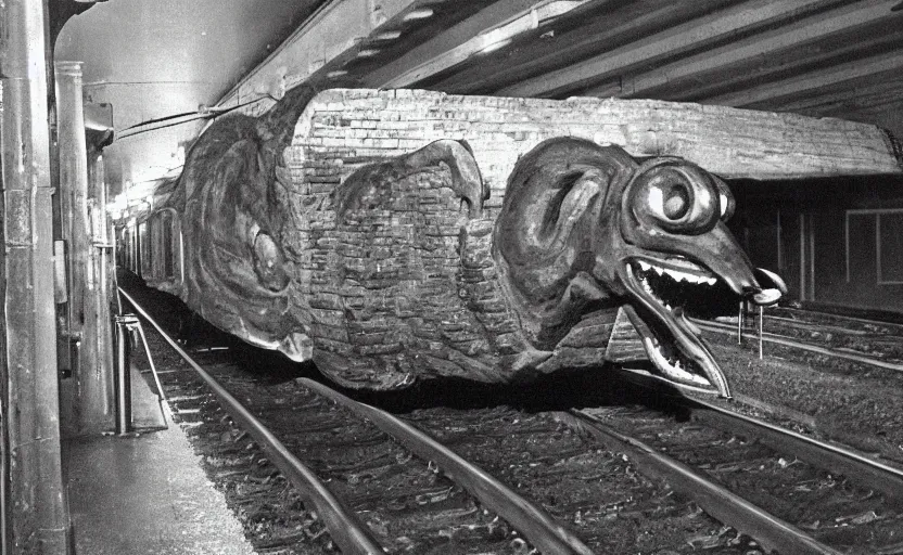 Image similar to old photo from 1 9 6 5. very large giant mutant ugly rat on railways in tonnel of moscow metro. extreme high detail. low light, scary atmosphere