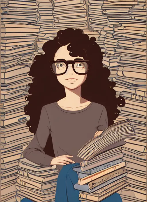 Prompt: a young woman with curly brown hair and glasses sits on top of a tall pile of books. clean cel shaded vector art. shutterstock. behance hd by lois van baarle, artgerm, helen huang, by makoto shinkai and ilya kuvshinov, rossdraws, illustration, art by ilya kuvshinov