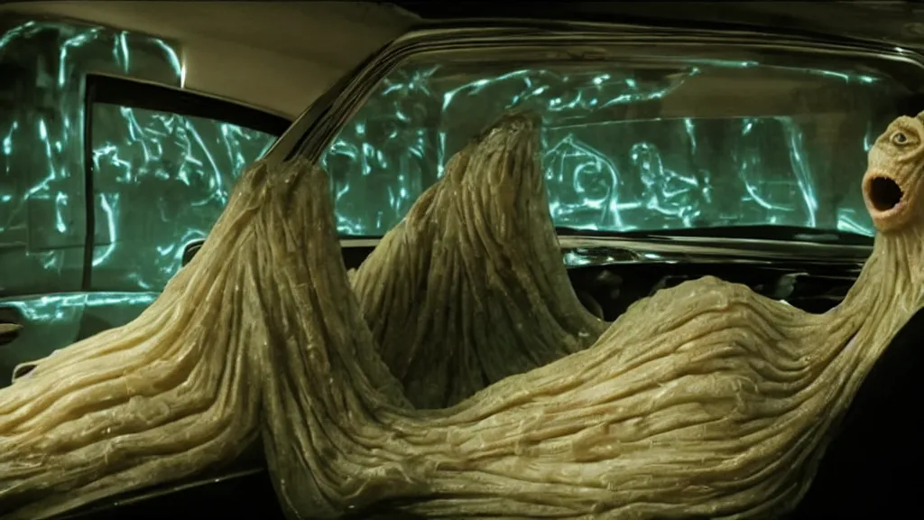 Prompt: the creature sits in a car, made of glowing wax, they stare at me, film still from the movie directed by denis villeneuve and david cronenberg with art direction by salvador dali, wide lens