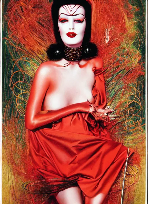 Image similar to an 8 0 s portrait of a woman with dark eye - shadow and red lips with dark slicked back hair, a mask made of wire and beads, dreaming acid - fueled hallucinations by serge lutens, rolf armstrong, delphin enjolras, peter elson, red cloth background