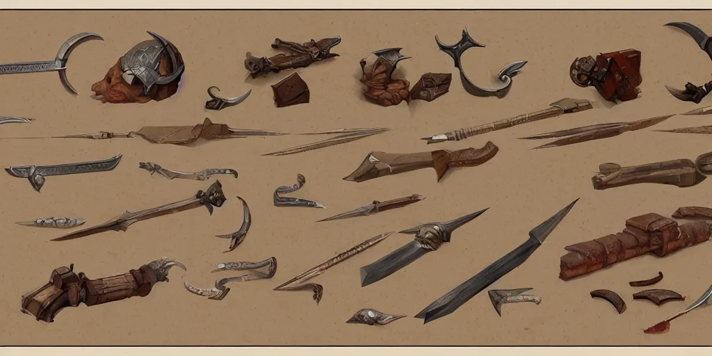 Image similar to schematic diagram of axes, dwarven, weapons, built, book, page, detailed, cross section, trending on artstation, cgsociety, Ralph McQuarrie and Greg Rutkowski