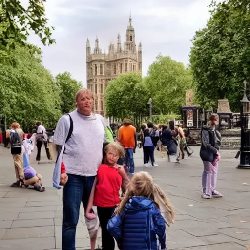 Image similar to a middle aged white man sees every tourist sight in london whilst two exhausted younger people pay for everything