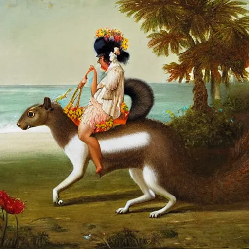 Image similar to a giant squirrel carrying napoleon on its back, beach scene with flowers and foliage, detailed oil painting