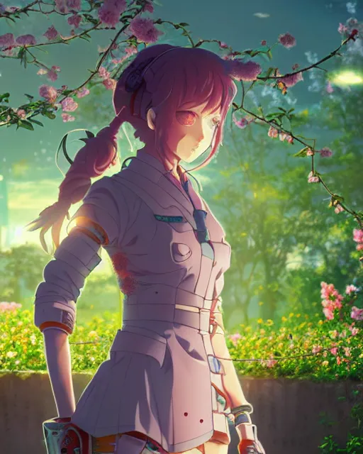 Image similar to cyborg girl in solarpunk rose garden, contemplation, anime epic artwork, kyoto animation, key visual, 4 k, ultra fine detail