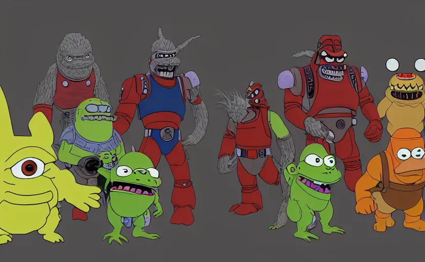 Prompt: futurama godzilla yoda donkey kong pikachu yeti shrek super robot homer groot waluigi darth vader mike wazowski, highly detailed, extremely high quality, hd, 4 k, 8 k, professional photographer, 4 0 mp, lifelike, top - rated, award winning, cinematic, realistic, detailed lighting, detailed shadows, sharp, no blur, edited, corrected, trending