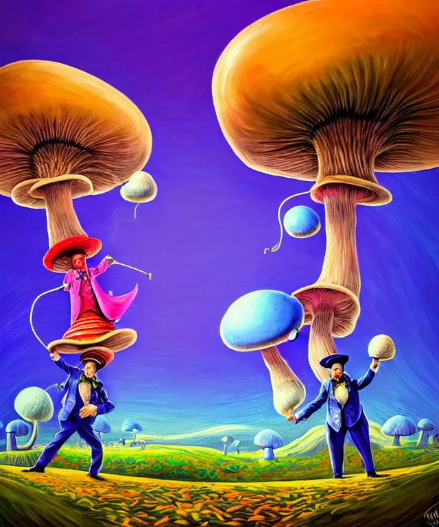 Prompt: Two men in large top hats, standing upon giant mushrooms, reaching out their arms wondering how to get to each other, psychedelic, alice in wonderland, trippy, colourful, bright, thought provoking, happy, fun, playful, joyous, highly detailed, digital painting, artstation, concept art, smooth, sharp focus, illustration, art by artgerm and greg rutkowski and alphonse mucha