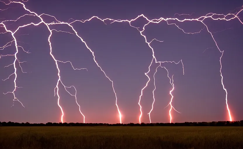 Image similar to red lightning bolts shoot from the ground, night, field, fire is visible on the horizon