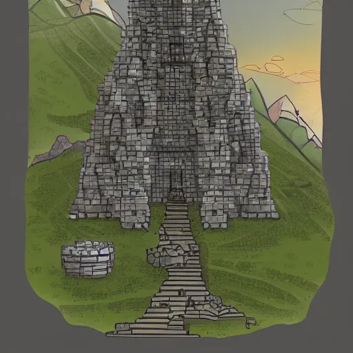 Prompt: A wizard tower next to a few mines and a few caves, lineart, colored