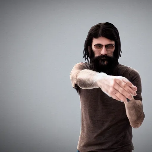 Image similar to a long, dark haired man with a light beard, dressed casually offering a handshake towards the camera, cinematic, gloomy background, realistic, digital art, character art, 8 k