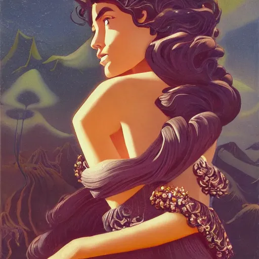 Image similar to a oil painting of a fair skin with dark curly stylised hair queen wearing dress, by hans emmenegger, by bruce pennington, by eyvind earle, by nicholas roerich, by georgia o keeffe, highly detailed, realistic, concept art, jewels, tiles curtains, oriental, desaturated