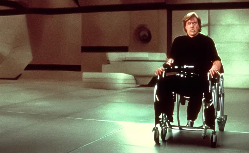 Image similar to cinematic still image screenshot luke skywalker in cybernetic wheel chair, from the tv show on disney + anamorphic lens, 3 5 mm film kodak from empire strikes back 1 9 8 3