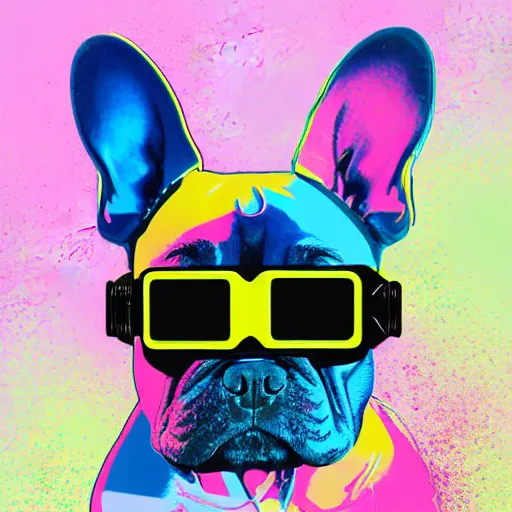 Image similar to illustration of cyberpunk french bulldog in vr helmet, colorful splatters, by andy warhol and by zac retz and by kezie demessance