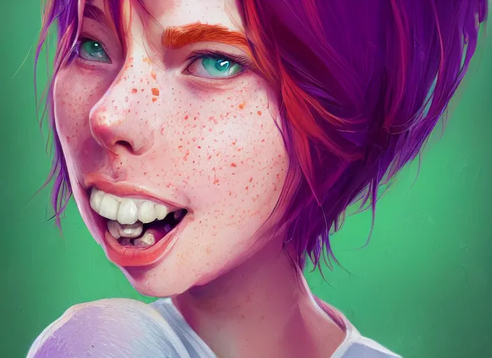 Image similar to portrait of a beautiful smiling girl with orange hair and freckles, green eyes, highly detailed, digital painting, concept art, smooth, sharp, focus, background is purple, artstation, style by Laia López