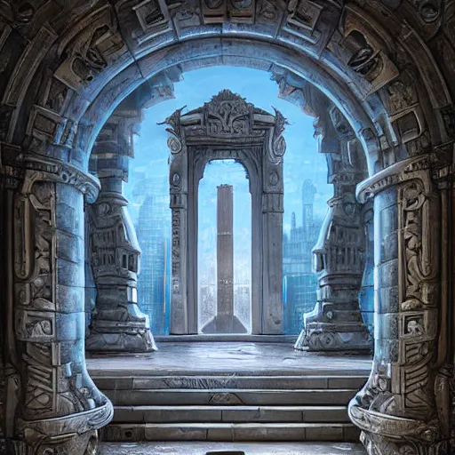 Image similar to carved futuristic door at the end of ancient ornate steps shows a large window to a city detailing the vast architectural scientific ancient and cultural acheivements of humankind, magical atmosphere, renato muccillo, jorge jacinto, andreas rocha, damian kryzwonos, ede laszlo, christian reiske, highly detailed digital art, cinematic blue and gold