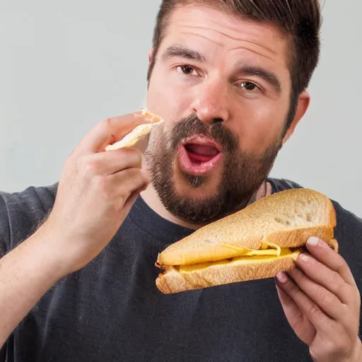Image similar to a medium shot studio photograph of a man 35 years old eating a sandwich of microphone