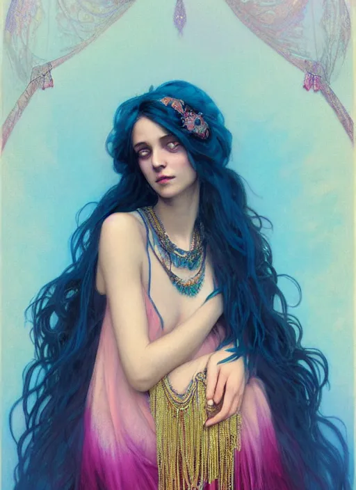 Image similar to ombre velvet gown, cyan, feathers, lovely bohemian princess, portrait, long hair, tiara, dozens of jeweled necklaces, feral languid woman, by greg rutkowski, brom, anato finnstark, alphonse mucha