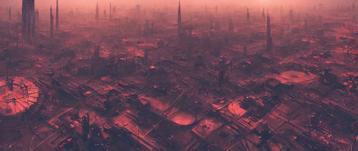 Image similar to digital concept art of dystopian, atompunk Berlin, high quality, high detail, in the style of Ian Hubert, megacity, vivid colours, sunset time, blender render