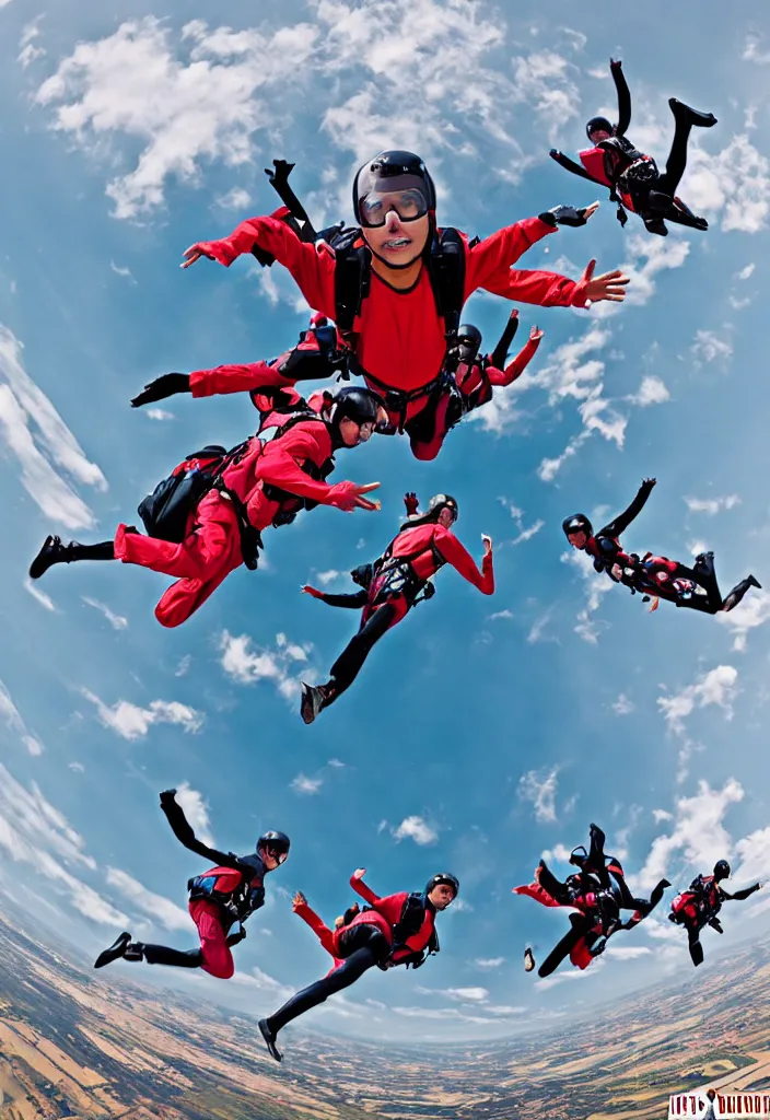 Image similar to fashion editorial skydive. wide angle shot. highly detailed.