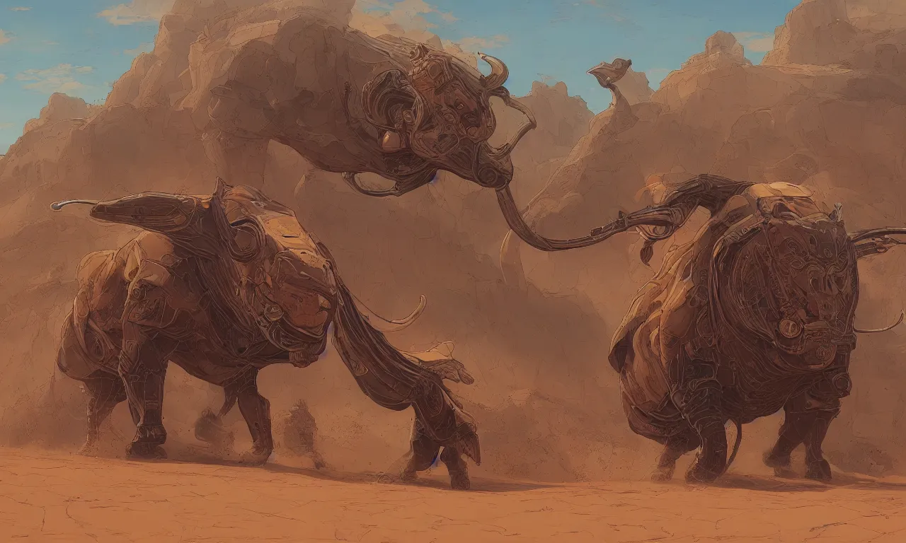 Prompt: detailed painting of dune movie, desert landscape, huge bull emerging from the sand, trending on artstation, by josan gonzalez, flat colors, defined lines