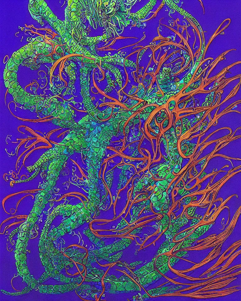 Image similar to concept art portrait of an intricately designed alien leafy sea dragon, an award winning yoshitaka amano poster. a masterpiece by james gurney. vivid color.