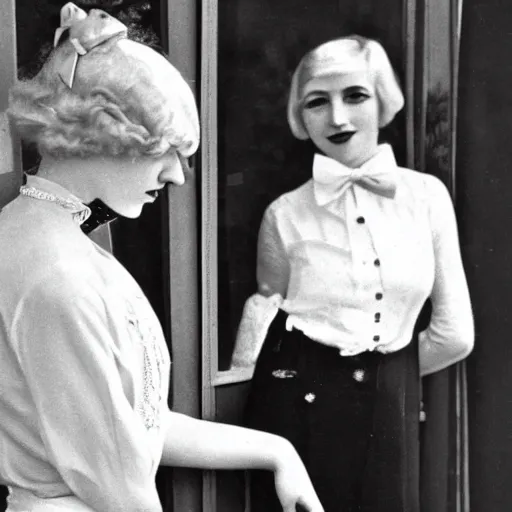 Image similar to a vintage snapshot from the 1 9 2 0 s shows a pale - skinned archduchess with shoulder - length white hair posing with her dog, a jack russell terrier, outside an open window. she wears a fancy white shirt with a big bowtie, along with a dark - colored skirt. she wore her wristwatch over the cuff of her blouse in the manner of gianni agnelli.