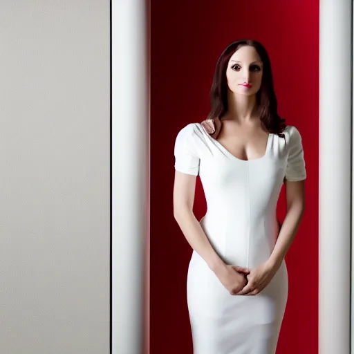 Image similar to Stunning modern studio portrait photograph of the original female model named Mona Lisa standing in a white room wearing a red dress, XF IQ4, f/1.4, ISO 200, 1/160s, 8K, RAW, unedited, symmetrical balance, in-frame, sharpened