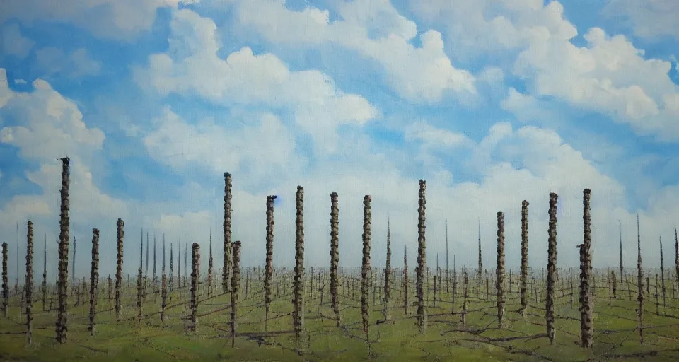 Image similar to world of only concrete, a flat endless plane of concrete covered in thin, very tall concrete pillars that go on to the horizon, vines growing on the pillars, open sky, blue sky with clouds, god rays, beautiful painting, oil on canvas, by Ewa Czarniecka, award winning masterpiece,