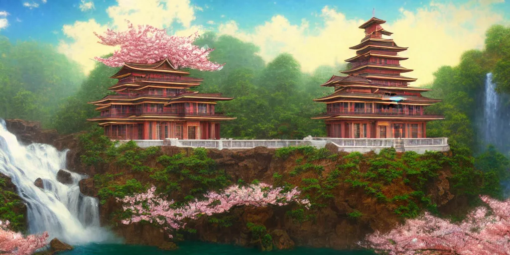 Image similar to a beautiful rendering of an art deco Shangri-la brownstone temple on a platform that extends over a great waterfall, Sakura cherry blossoms , by Albert bierstadt and jonas de ro and studio ghibli, trending on artstation-H 576