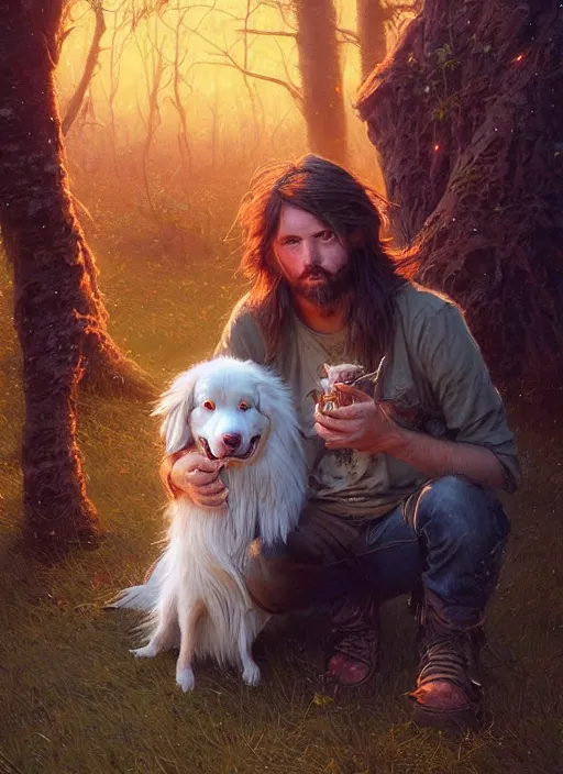 Image similar to highly detailed portrait of long - haired hillbilly around a bonfire with his fluffy australian shepherd, stephen bliss, art by greg rutkowski, loish, rhads, ferdinand knab, makoto shinkai and lois van baarle, artgerm, pixar, ilya kuvshinov, rossdraws, tom bagshaw, global illumination