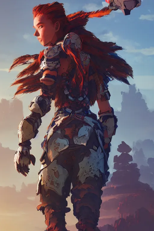 Image similar to combination suit armor aloy horizon forbidden west horizon zero dawn radiating a glowing aura global illumination ray tracing hdr fanart arstation by ian pesty and alena aenami artworks in 4 k tribal robot ninja mask helmet backpack